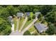 Aerial view showcasing a neighborhood with well-maintained houses, surrounded by lush trees and neatly manicured lawns at 4708 River Boat Landing Ct, Raleigh, NC 27604