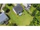 Aerial shot of the backyard featuring a spacious lawn, deck, and surrounding greenery, highlighting the property's outdoor space at 4708 River Boat Landing Ct, Raleigh, NC 27604