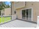 Wooden deck with white railings, featuring a sliding glass door leading to a well-maintained backyard at 4708 River Boat Landing Ct, Raleigh, NC 27604