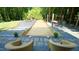 View of backyard bocce ball court with pavers and lounge chairs at 2213 Weybridge Dr, Raleigh, NC 27615
