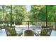 Screened porch with chairs overlooking backyard and mature trees; relax in nature at 2213 Weybridge Dr, Raleigh, NC 27615