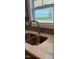 Close-up of a stainless steel kitchen sink with a modern faucet and a scenic view from the window at 23 Surles Landing Way, Benson, NC 27504