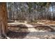 Wooded backyard with gravel pathways and a metal enclosure at 909 E F St, Butner, NC 27509