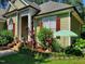 Landscaped front yard with colorful flowers and umbrella at 109 Springwood Dr, Wake Forest, NC 27587