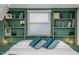 Cozy bedroom with built-in green shelving and window seat at 807 E Edenton St, Raleigh, NC 27601