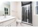 Bathroom with white vanity, toilet and a walk-in shower at 1129 Elmo St, Durham, NC 27701