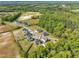 High-angle showcases neighborhood homes nestled between wooded area and farm land at 298 Hannah Yam Ln, Benson, NC 27504