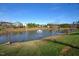 Quaint community pond with fountain and trees at 36 Aster Ln, Pittsboro, NC 27312