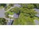 Aerial view shows neighborhood street with mature trees and well-maintained homes with dark roofs at 106 Dairy Ct, Chapel Hill, NC 27516