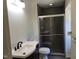 Bathroom featuring a modern vanity, toilet, and a sleek glass-enclosed shower at 4300 Hickory Ridge Dr, Raleigh, NC 27609