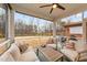 Relaxing screened porch overlooking backyard and water views; includes comfy seating at 5220 Trilogy Farm Dr, Raleigh, NC 27603