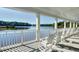 View of lake from porch with rocking chairs at community clubhouse at 109 Stoneline Ct, Holly Springs, NC 27540