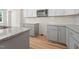 Close up of kitchen features, grey lower cabinets, granite countertops, and backsplash at 95 Purslane Dr, Franklinton, NC 27525