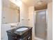 Basement bathroom with shower and dark vanity at 2540 Mayo Lake Rd, Roxboro, NC 27574