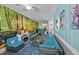 Stylish living room with an accent forest wall, fireplace, and vibrant decor at 400 S Boddie St, Nashville, NC 27856