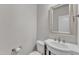 Cozy half bath features a pedestal sink and a decorative framed mirror at 664 Long Melford Dr, Rolesville, NC 27571