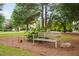 Serene backyard with a wooden bench and well-manicured lawn at 7440 Bleasdale Ct, Apex, NC 27539
