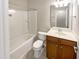 Clean bathroom with single vanity and shower/tub combo at 1012 Fulbright Dr, Morrisville, NC 27560