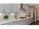 Modern kitchen with gray cabinets, white quartz countertops, and herringbone backsplash at 2948 Hanging Valley Way, Wake Forest, NC 27587