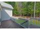 Wooden deck with steps leading to a beautifully landscaped backyard and surrounding nature at 7320 Dunsany Ct, Wake Forest, NC 27587
