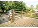 Outdoor back deck with wooden railing and floor boards, overlooking the detached garage and backyard space at 2612 Ashe St, Durham, NC 27703
