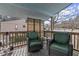 Relaxing balcony with two wicker chairs and view of trees and parking lot at 5112 Flint Ridge Pl, Raleigh, NC 27609