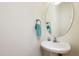Small bathroom with pedestal sink and oval mirror at 105 Danesway Dr, Holly Springs, NC 27540