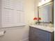 Bathroom features marble countertop, gray cabinets, and plantation shutters at 505 Annandale Dr, Cary, NC 27511