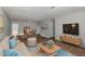 Cozy living room featuring modern furniture, wood flooring, and an entertainment center under a wall mounted television at 635 Pine Ridge Pl, Raleigh, NC 27609