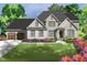 Charming two-story brick home with a lush front yard, colorful flower beds, and a driveway leading to a garage at 6805 Greystone Dr, Raleigh, NC 27615