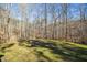 View of expansive green backyard surrounded by a dense forest of trees, offering a private and peaceful outdoor retreat at 811 Oxbow Crossing Rd, Chapel Hill, NC 27516