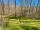 Scenic backyard view through a window, highlighting a lush green lawn, mature trees, and a swing set at 811 Oxbow Crossing Rd, Chapel Hill, NC 27516