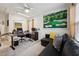 Home office with black leather sofa, comfortable desk chair, and golf course wall art at 320 Westgrove Ct, Durham, NC 27703