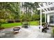Landscaped backyard with patio, fire pit, and pergola at 715 Powell Dr, Raleigh, NC 27606