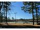 Tennis courts with lighting offer a recreational amenity within a tree-lined community at 501 Queensferry Rd, Cary, NC 27511