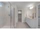 Bathroom with walk-in shower and double vanity at 8805 Melvin St # 35, Willow Springs, NC 27592