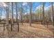 Large fenced backyard features tall mature trees surrounding the perimeter, with a leaf-covered ground at 201 Broomgrove Way, Wake Forest, NC 27587