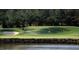 Scenic golf course view with sand trap and flag, surrounded by a pond and lush trees at 201 Broomgrove Way, Wake Forest, NC 27587