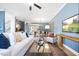 Bright living room features hardwood floors, blue walls, large windows and modern decor at 201 Broomgrove Way, Wake Forest, NC 27587