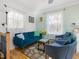 Inviting living room featuring stylish blue sofa and two matching chairs with a floral patterned rug at 497 Turn Key Way, Pittsboro, NC 27312