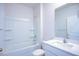 Clean bathroom with a shower/tub combo, vanity, and built-in shelving at 1117 Middlecrest Dr, Rocky Mount, NC 27804
