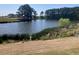 Scenic view of a pond surrounded by vegetation and a new home construction site in the background at 257 North Maple Walk Dr # 218, Garner, NC 27529