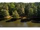 Aerial view showcasing a property's serene lakefront location at 10305 Old Creedmoor Rd, Raleigh, NC 27613