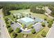 Aerial view of community pool with lap lanes, pool, clubhouse, tennis courts, sports field and parking at 64 Barn Owl, Pittsboro, NC 27312