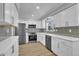 Modern kitchen featuring stainless steel appliances, white cabinets, and sleek gray backsplash at 1006 Sedwick W Rd, Durham, NC 27713