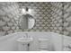 Stylish powder room with bird wallpaper and pedestal sink at 200 S Dawson St # 406, Raleigh, NC 27601