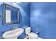 Simple bathroom with white pedestal sink and blue walls at 6421 Grassy Knoll Ln, Raleigh, NC 27616