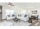 Bright living room with white sofas, stone fireplace, and hardwood floors at 1111 Freestone Rd, Durham, NC 27703