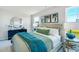 Main bedroom with teal bedding and large windows at 1267 Willow Tree Way, Graham, NC 27253
