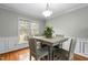 Cozy dining room with paneled walls, hardwood floors, and a view of the outdoors at 1909 Pearces Rd, Zebulon, NC 27597